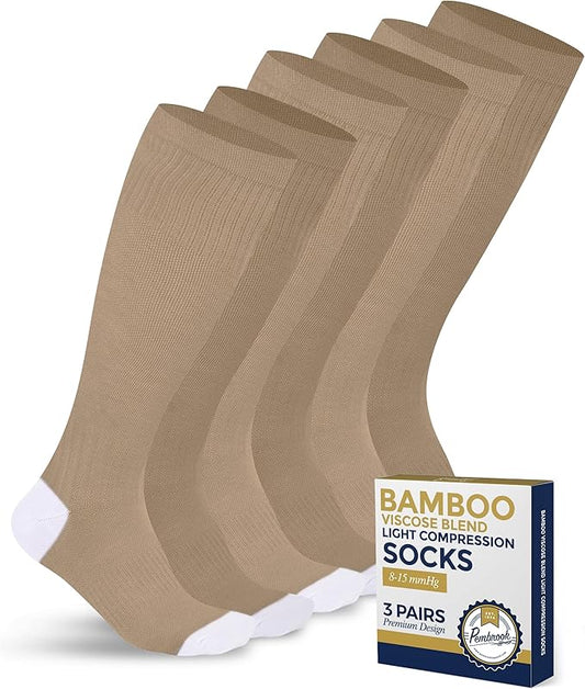 Pembrook Bamboo Viscose Light Compression Socks - 3 Pairs | 8-15 mmhg Compression Socks | Knee High Comfort Support Socks