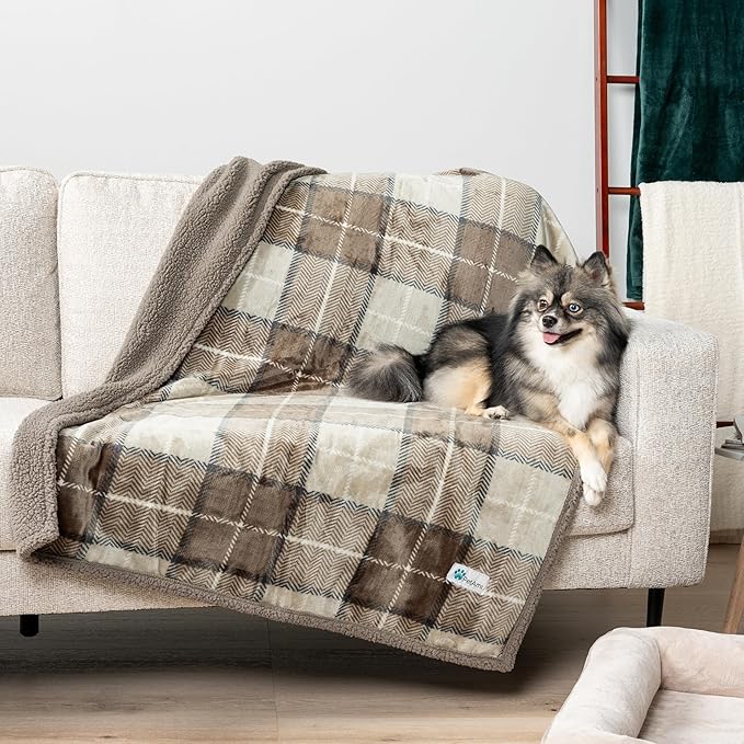 PetAmi Waterproof Dog Blanket for Medium Large Dog Puppy Cat Throw for Couch Cover Leakproof Protection, Sherpa Fleece, Reversible Soft Washable 60x40 Plaid Taupe
