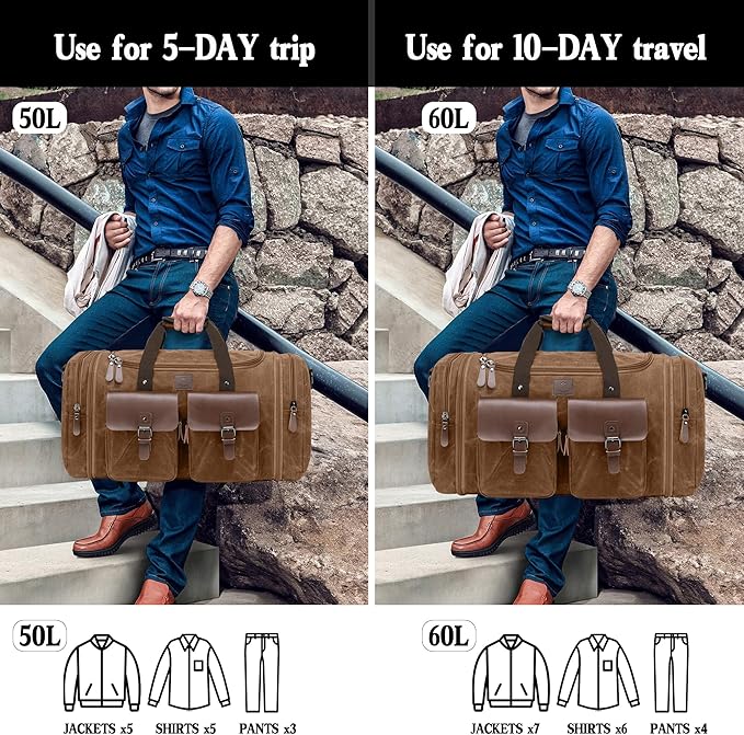 Waxed Canvas Duffle Bag for Men 50L Travel Duffel Bags Expandable Genuine Leather Duffel Overnight Weekender Carry On Bag Two Zipper Pockets Travel Bag (Vintage Dark Brown, Large-50L)