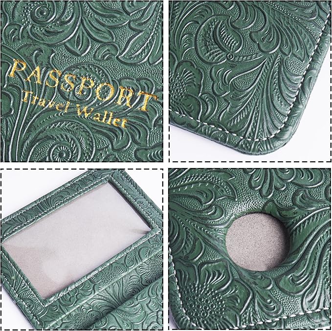 lizimandu Passport Holder with Airtag Slot, Airtag Passport Wallet for Men Women, Slim Leather Passport Holder Case Family for Travel Anti-Lost(1-Carved Grren)