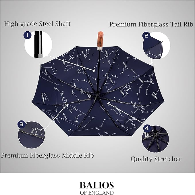 Balios (Designed in UK) Umbrella Handmade Real Wood Handle-Dark Navy with Sophisticated Constellation Interior Pattern-Windproof Fiberglass Auto Open Close Folding-300T Finest Fabric