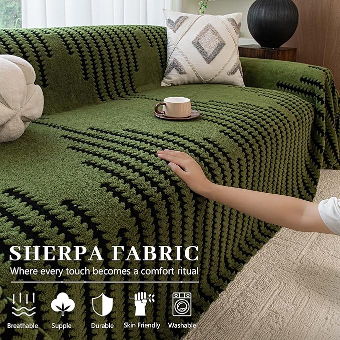 Sherpa Fleece Couch Cover for Dogs Washable Non Slip, Pet Proof Sofa Covers for 3-4 Cushion Couch Heavy Duty Scratch Resistant Pet Friendly Furniture Cover Fits Love Seat 71" x 150", Green