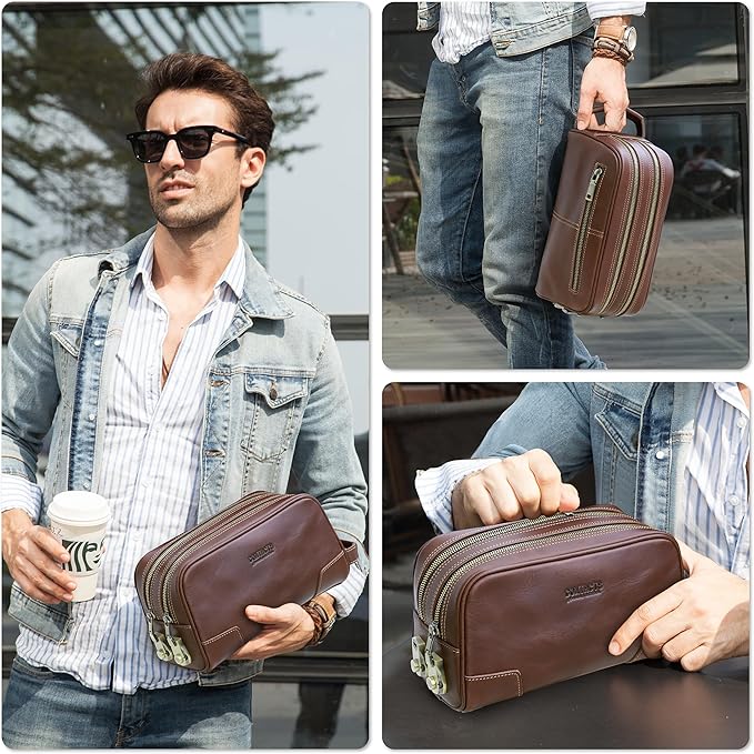 Top Grain Genuine Leather Travel Organizer Clutch Bag, Handmade Retro Vintage Design, 3 Zipper Pockets & Combination Locks, Portable Storage Bag for Phone/Cable/Charger/Cash/Toiletry/Makeup, Red Brown