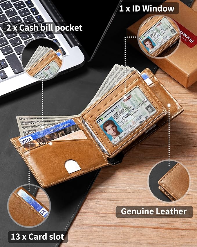 Artpaxy Mens Wallet Bifold Genuine Leather RFID Blocking Wallet for Men with 1 ID Windows 13 Card Holders 2 cash pockets 1 Gift Box