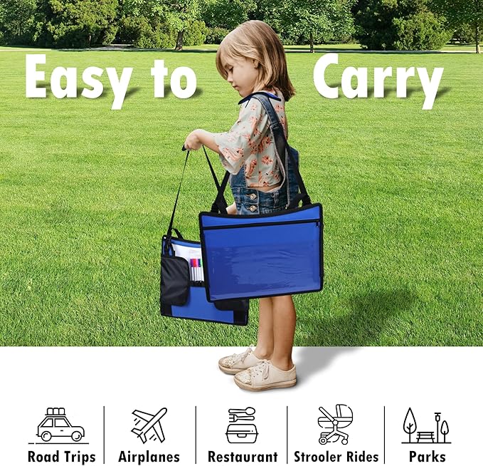 WENRENER Kids Travel Tray for Car Seat, Toddler Road Trip Essentials With Drawing Kit, Travel Activities Must Haves (Navy Blue-2PCS)