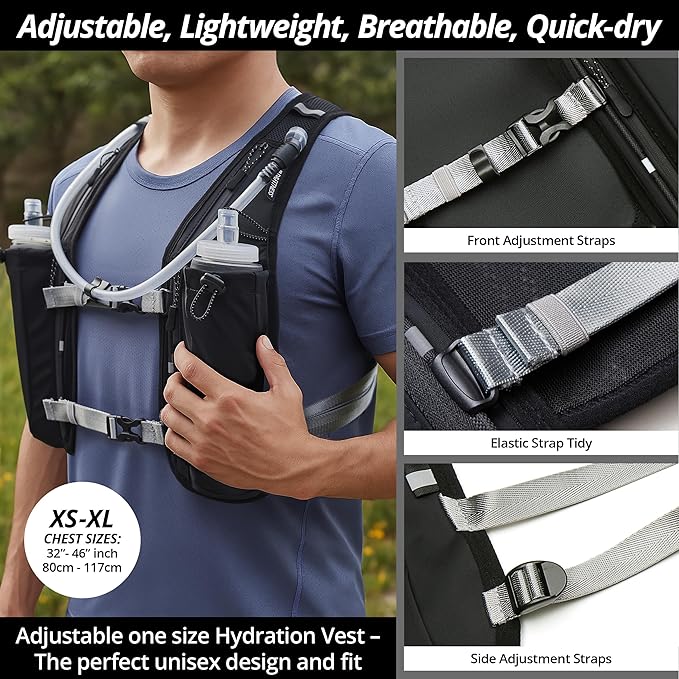 Running Hydration Vest for Women and Men. Reflective, 8 Pocket, Quick Dry, Water-Resistant, Breathable, Adjustable Backpack for Runs, Hiking, Cycling, Trails, Marathons
