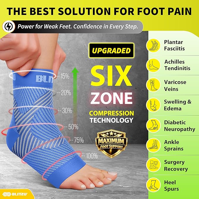 Compression Socks for Plantar Fasciitis, Achilles Tendonitis, Arthritis Relief, Ankle Brace Compression Sleeve with Foot Arch Support, Ankle Wrap for Women, Men, Swelling & Heel Pain Blue L-XL