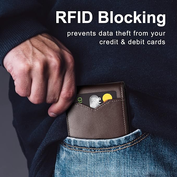 GSOIAX Mens Slim Wallet for Men Minimalist Genuine Leather Carbon Fiber Rfid Blocking Bifold Credit Card Holder With Gift Box (Leather Coffee)