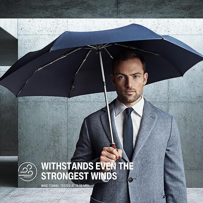 Knirps T.200 Duomatic Compact Rain Umbrella in Navy– Wind Tunnel Tested to 93 mph, Aluminum Steel Fiberglass Frame, 38in Canopy, OEKO-TEX, High-Performance Automatic Travel Umbrellas