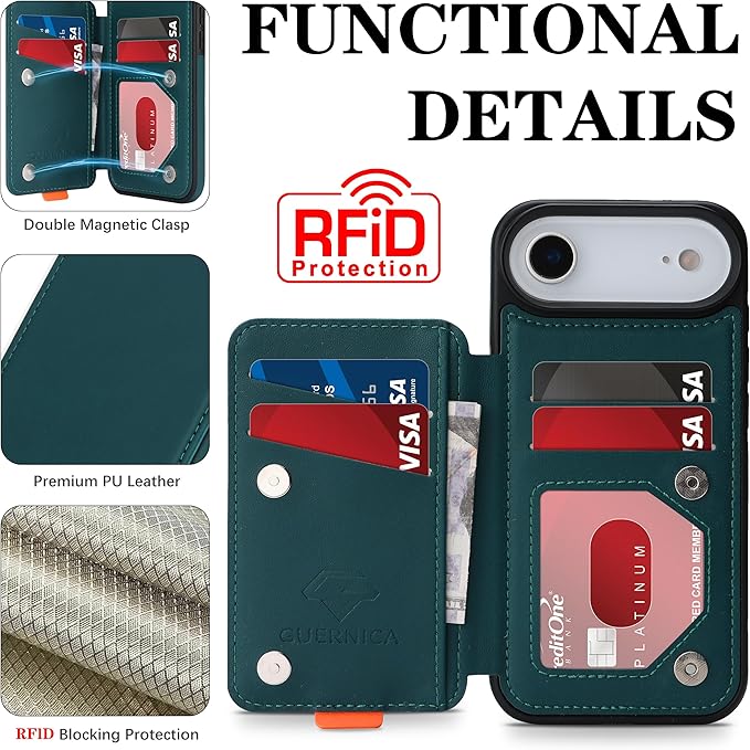 GUERNICA for iPhone 17 Air (6.7") Case Wallet with Card Holder, RFID Blocking Leather Protection, Shockproof Women Men Phone Case for iPhone Air, Green