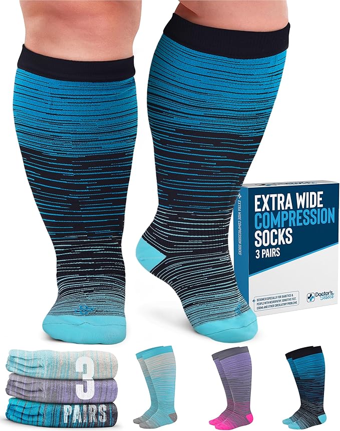 Doctor's Select 3 Pairs Plus Size Compression Socks Wide Calf - Up to 6XL | 20-30 mmHg Compression Socks for Women Wide Calf Blue, Light Blue, Purple & Pink (Stripes)