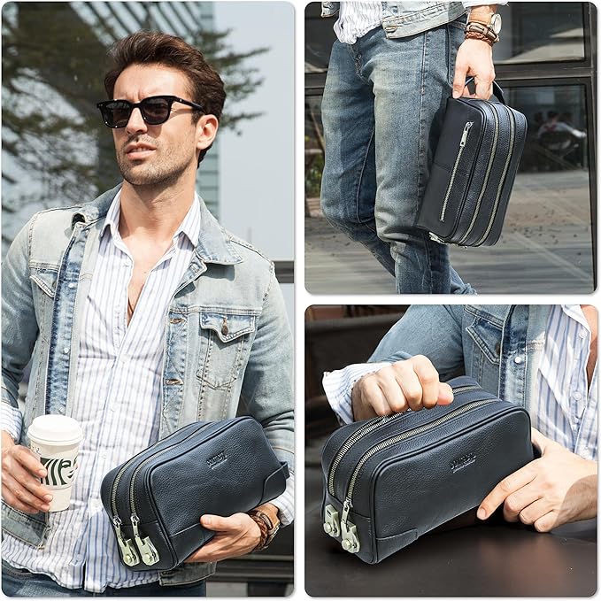 Top Grain Genuine Leather Travel Organizer Clutch Bag, Handmade Retro Vintage Design, 3 Zipper Pockets & Combination Locks, Portable Storage Bag for Phone/Cable/Charger/Notebook/Cash/Cosmetic, Black