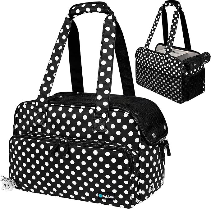 PetAmi Small Dog Purse Carrier, Soft-Sided Pet Carrier Bag with Pockets, Portable Puppy Cat Travel Handbag Tote, Airline Approved Breathable Mesh, Poop Bag Dispenser, Max 18 lbs, Polka Dot Black