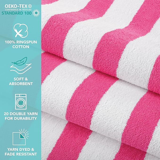 Arkwright California Cabana Stripe Beach Towel - Pack of 4, Large Soft Quick Dry Cotton Terry Towels Set for Pool, Swim, and Hot Tub, Oversized 30 x 70 in, Pink