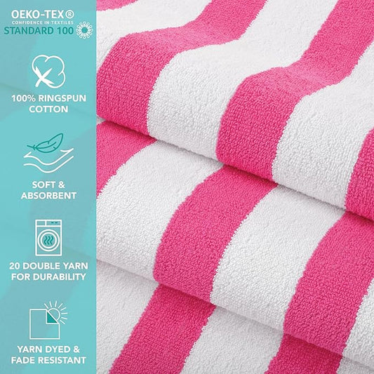 Arkwright California Cabana Stripe Beach Towel - Pack of 4, Large Soft Quick Dry Cotton Terry Towels Set for Pool, Swim, and Hot Tub, Oversized 30 x 70 in, Pink