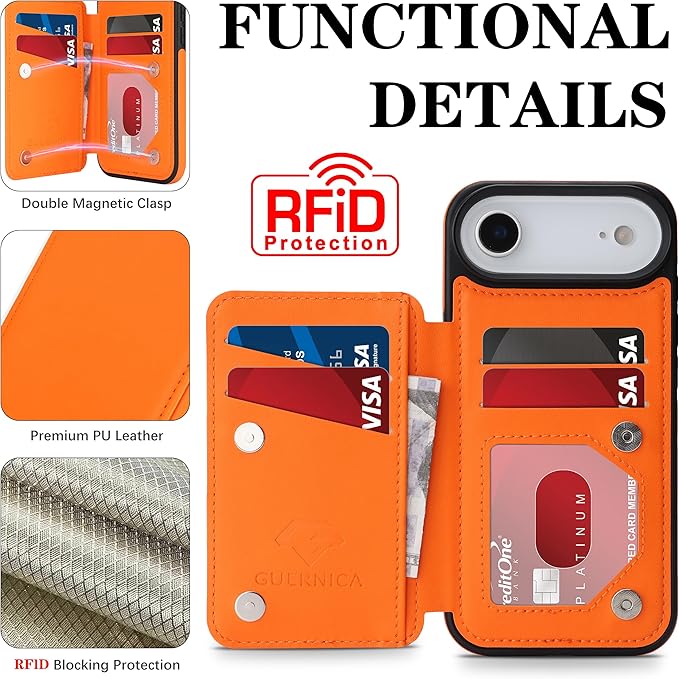 GUERNICA for iPhone 17 Air (6.7") Case Wallet with Card Holder, RFID Blocking Leather Protection, Shockproof Women Men Phone Case for iPhone Air, Orange