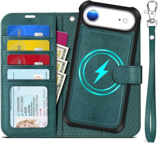 TUCCH Removable Case Wallet for iPhone Air (6.5") 2025, Detachable Wrist Strap, Wireless Charging, Stand, 4 Card Slots RFID Blocking, 2-in-1 Magnetic, PU Leather Shockproof Cover, Teal Blue