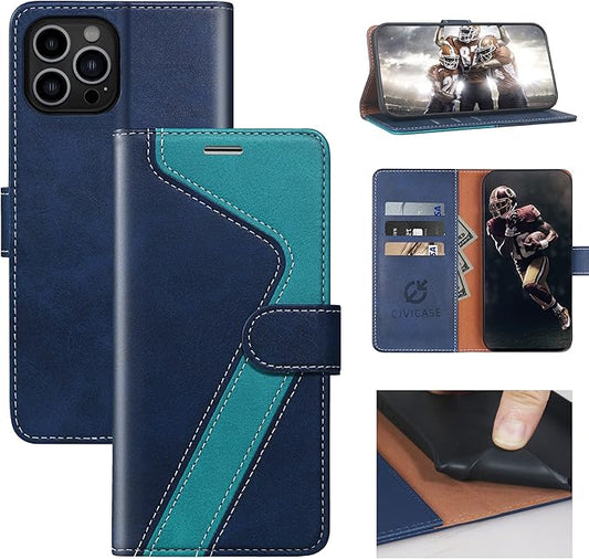 CIVICASE for iPhone 12 Pro Max Wallet Case,Leather Flip Case [RFID Blocking] Credit Card Holder Folio Magnetic Stand TPU Shockproof Cover Color Matching for iPhone 12 Pro Max (6.7") Blue Green