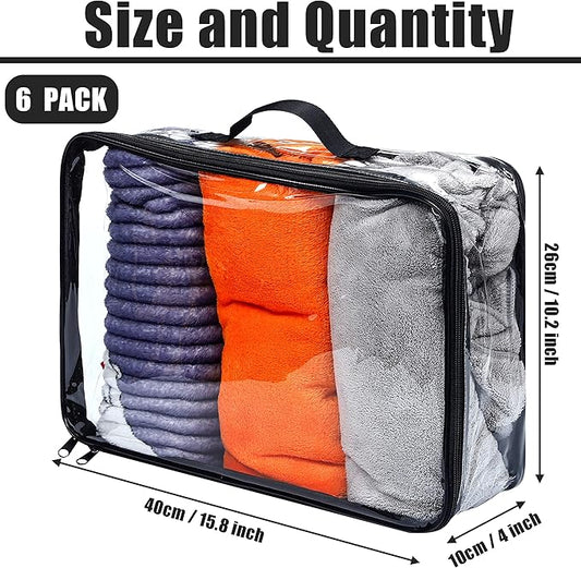 6 Pieces Large Clear Travel Packing Cube Clear Vinyl Zippered Storage Bags See Through Moving Bag PVC Multipurpose Pouch with Handle for Suitcase Shirts Dress Storage (Black, 15.8 x 10.2 x 3.9 Inch)