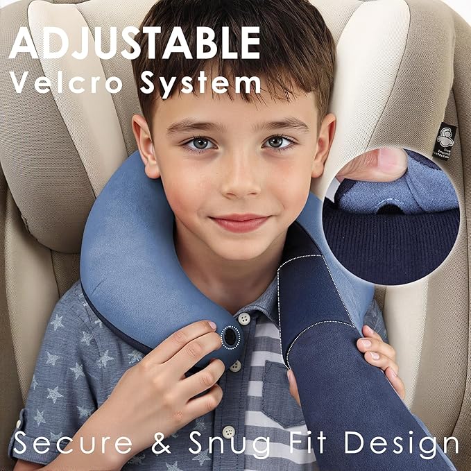 Kids Travel Neck Pillow, Comfortable Head & Chin Support for Car seat & Airplane, Toddler Pillow for Sleeping on Road Trip, Gifts for Child (Light Blue & Dark Blue)