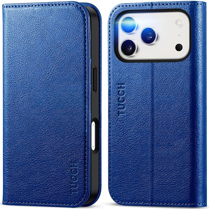 TUCCH Wallet Case for iPhone 17 Pro (6.3") 2025, 3 Credit Card Holders, RFID Blocking, Stand, PU Leather, Shockproof TPU Interior Shell, Protective Flip Folio Cover, Klein Blue