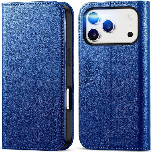 TUCCH Wallet Case for iPhone 17 Pro (6.3") 2025, 3 Credit Card Holders, RFID Blocking, Stand, PU Leather, Shockproof TPU Interior Shell, Protective Flip Folio Cover, Klein Blue