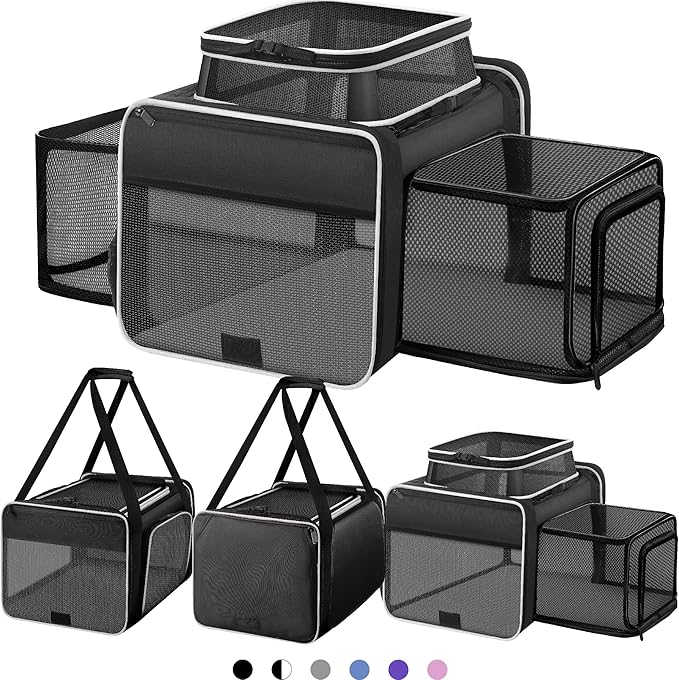 Top and 2 Sides Expandable Cat Carrier 18x11x11, TSA Airline Approved Dog Carriers for Medium Dogs, Soft-Sided Pet Carrier with Self-Locking Zippers for Kitten,Rabbit, Puppy, Guinea Pig Black White