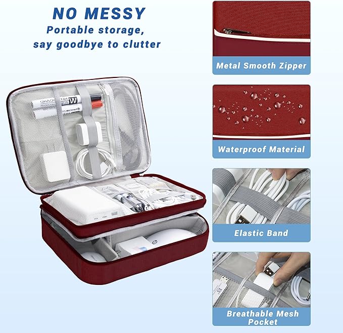 Electronics Organizer,Travel Cord Organizer Pouch, Portable Cable Organizer Bags, Waterproof Electronic Accessories Storage Case for Cables, Cords, Charger, Phone (Three Layer-Winered)