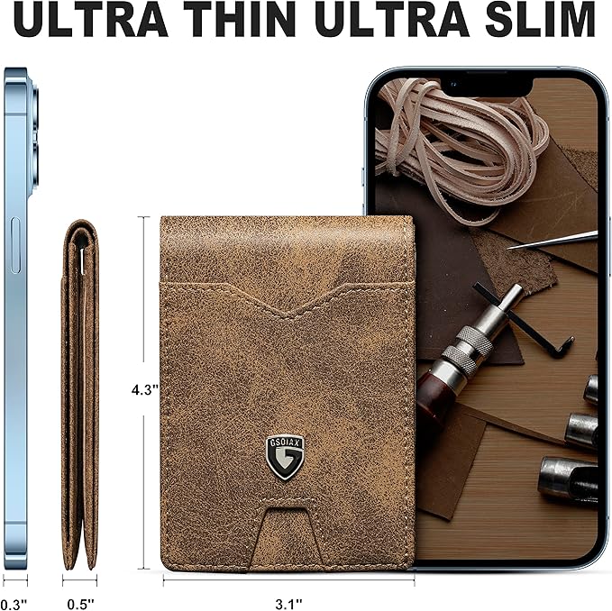 GSOIAX Mens Slim Wallet for Men Minimalist Genuine Leather Carbon Fiber Rfid Blocking Bifold Credit Card Holder With Gift Box (Retro Brown)