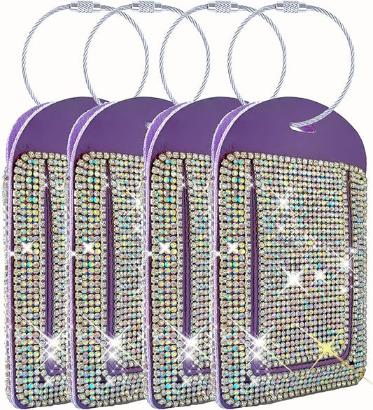 Purple Leather Luggage Tags for Women's Suitcases Cute Bling Diamond Travel Tags for Cruise and Travel Essentials-4 Packs
