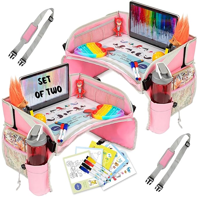 PILLANI Kids Travel Tray for Car - Car Seat Tray for Kids Travel, Road Trip Essentials Must Haves - Carseat Table Roadtrip Activities - Toddler Lap Desk Organizer for Airplane - Pack of 2, Pink