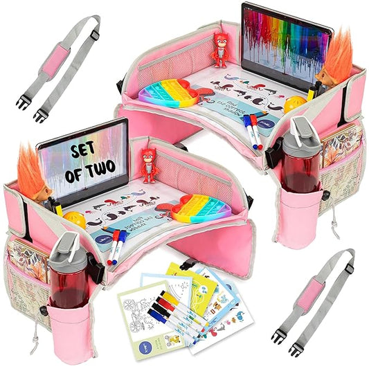 PILLANI Kids Travel Tray for Car - Car Seat Tray for Kids Travel, Road Trip Essentials Must Haves - Carseat Table Roadtrip Activities - Toddler Lap Desk Organizer for Airplane - Pack of 2, Pink