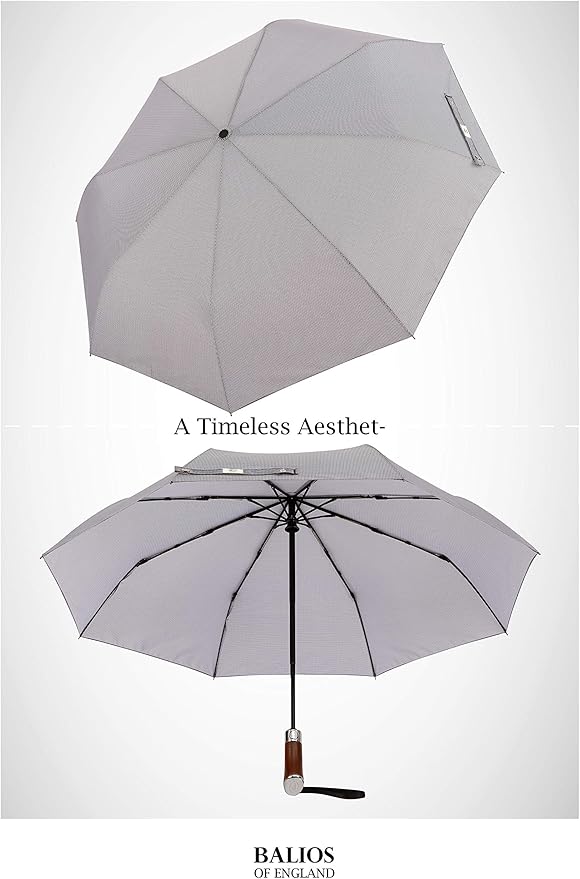 Balios (Designed in UK) Travel Umbrella Luxurious Golden Hardwood Handle Auto Open & Close Windproof Frame Single Canopy Automatic Folding Umbrella Men's & Ladies