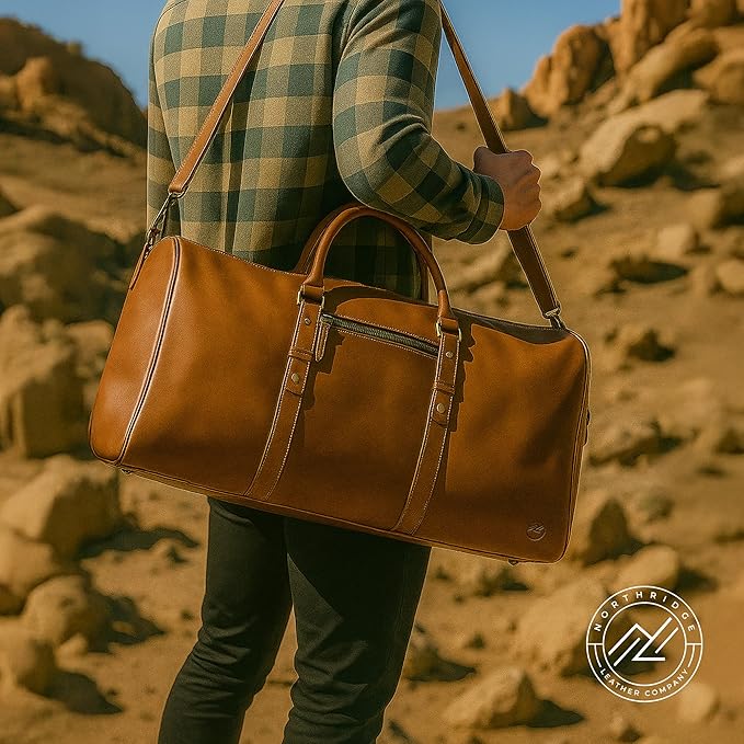 Premium Full-Grain Leather Duffle Bag for Men & Women | 24-Inch Handcrafted Weekender Travel Bag with Multiple Pockets & Compartments by Northridge Leather (Tan)