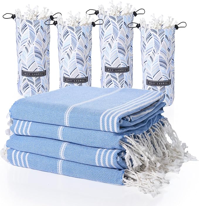 BAY LAUREL Turkish Beach Towel with Travel Bag 39 x 71 Quick Dry Sand Free Lightweight Large Oversized Towels Light - Pack of 4 (Pack of 4 - Denim Blue)