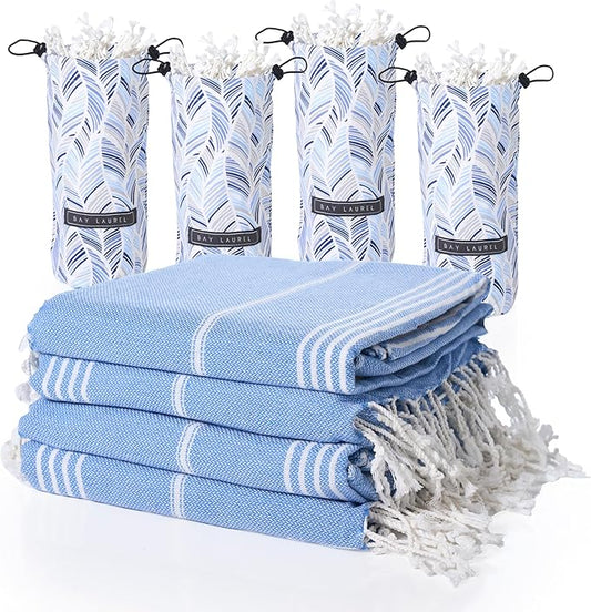 BAY LAUREL Turkish Beach Towel with Travel Bag 39 x 71 Quick Dry Sand Free Lightweight Large Oversized Towels Light - Pack of 4 (Pack of 4 - Denim Blue)