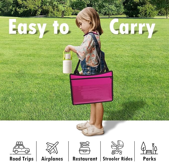 WENRENER Kids Travel Tray for Airplane - Toddler Car Seat Table Tray, Road Trip Essentials for Boys & Girls, Carseat Lap Desk for Kids Road Trip Activities (Pink)