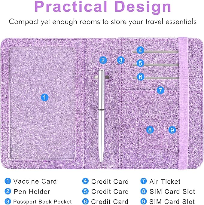 Caweet Passport Holder and Vaccine Card Holder Combo RFID Blocking Leather Vaccination Card Wallet with Elastic Band Closure, Glitter Purple