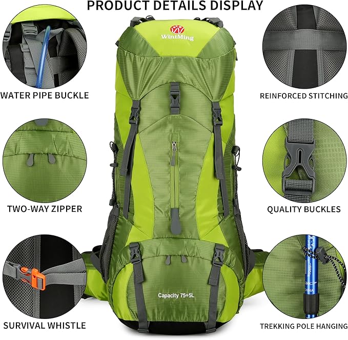 75L Hiking Backpack with Rain Cover Waterproof Camping Backpack Shoes Warehouse for Men Women, Frameless