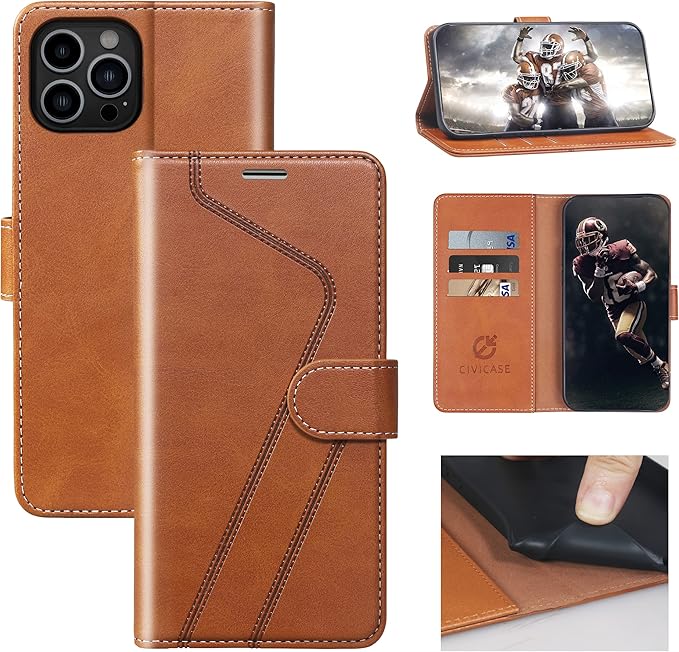 CIVICASE for iPhone 12 Pro Max Wallet Case,Leather Flip Case [RFID Blocking] Credit Card Holder Folio Magnetic Stand TPU Shockproof Cover Color Matching for iPhone 12 Pro Max (6.7") Brown
