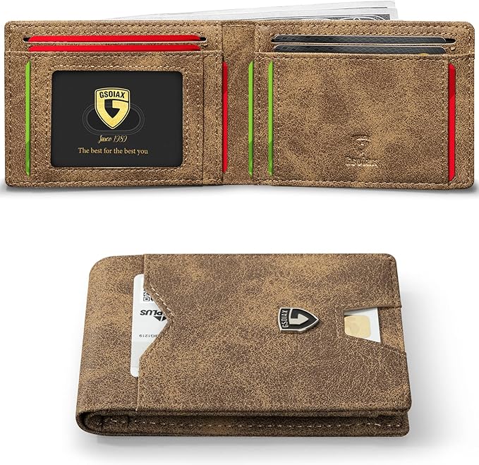 GSOIAX Mens Slim Wallet for Men Minimalist Genuine Leather Carbon Fiber Rfid Blocking Bifold Credit Card Holder With Gift Box (Retro Brown)