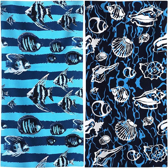 Genovega 2 Packs Oversized Beach Towel Set 36 x 72 in Large Big Pool Camping Swim Clearance Soft Towels Travel Essentials Accessories Must Haves Vacation Adult Necessities Gifts Seashells Clownfish