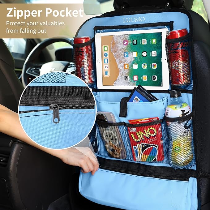 LUCMO Car Backseat Organizer with Touch Screen Tablet Holder-2 Pcs,9 Storage Pockets Car Storage Organizer Protectors Kick Mats Travel Accessories for Kids-Light Blue