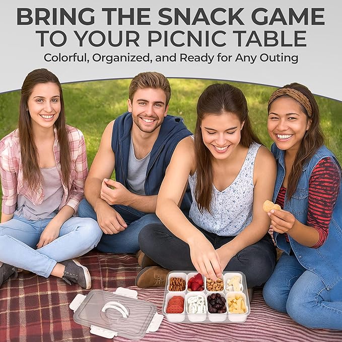 Snackle Box Container with Lid Travel Charcuterie Box with Handle Organizer for Candy, Fruit, Nuts, Veggies, Snacks, Beach Essentials, Portable Lunch Box (Bright White, Large)