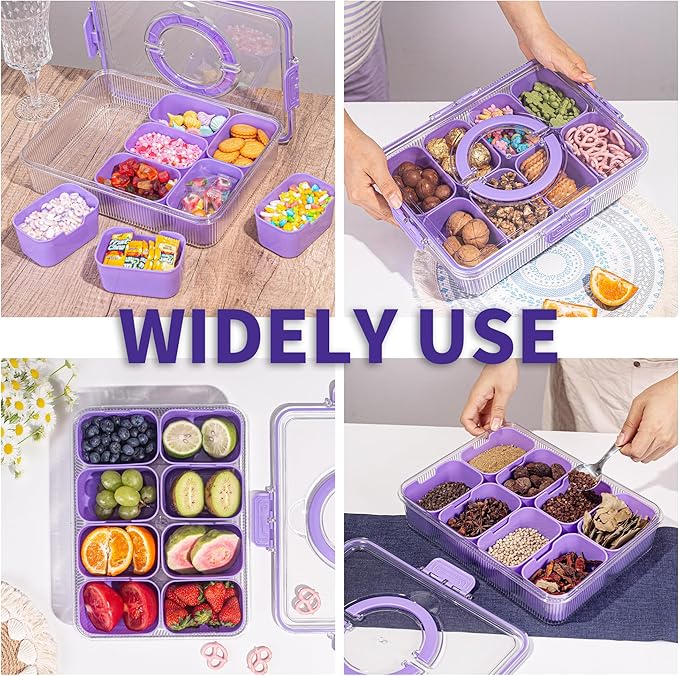 Patent Design Ribbed Snackle Box Container Divided Serving Tray with Lid and Handle -Charcuterie Container Portable Storage Organizer for Candy, Fruit, Beach, Picnics（1 pcs, Purple