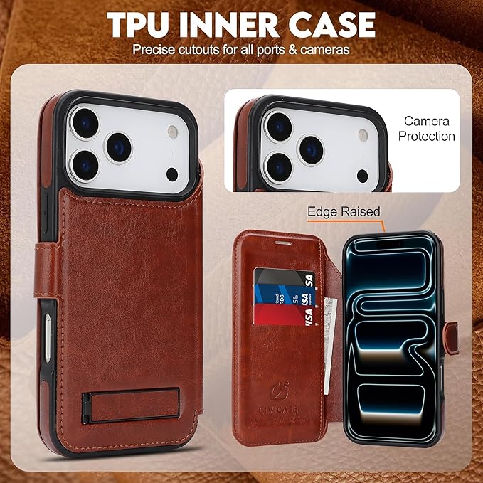 CIVICASE for iPhone 17 Pro Wallet Case with Stand,PU Leather Flip Credit Card Holder Slots (RFID Blocking),Compatible with Magsafe Magnetic Holder Phone Cover Women Men,Dark Brown