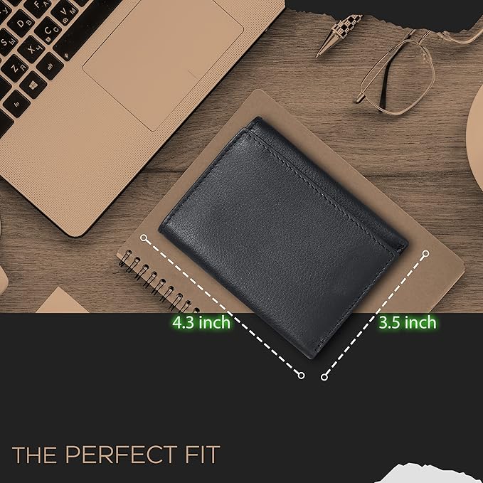 Tri fold Leather Wallet for Men with RFID | Slim Wallets for Men with 1 ID and 6 Credit card slots | Front Pocket Minimalist