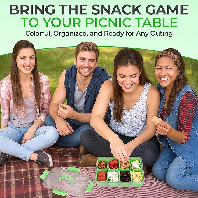 Snackle Box Container with Lid- Travel Charcuterie Box with Handle - Organizer for Candy, Fruit, Nuts, Veggies, Snacks, Beach Essentials, Portable Lunch Box (Green, Large)