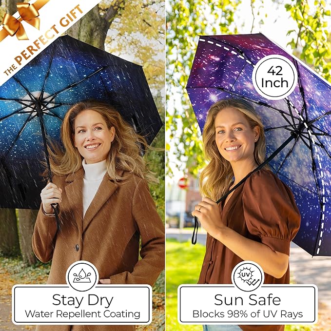 TUMELLA Strongest Windproof Travel Umbrella (Compact, Superior & Beautiful), Small Strong but Light Portable and Automatic Folding Rain Umbrella, Durable Premium Grip, Fits Car & Backpack