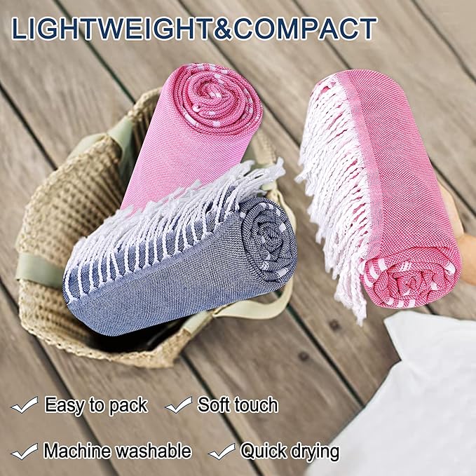 2 Pack Pink+Dark Blue Striped Turkish Weave Cotton Beach Towels, Super Absorbent & Quick Dry, Sand Free & Soft, Oversized 39 x 72 Inches, Adults Travel Towels